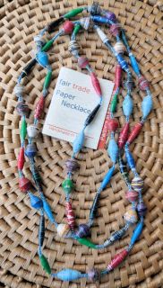 African Jewelry Paper Beads Glossy Necklace Kenya Fair Trade Blue AAA