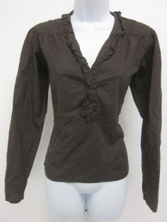 AGNES B. Brown Polka Dotted Long Sleeve Ruffled Trim V Neck Blouse Top 