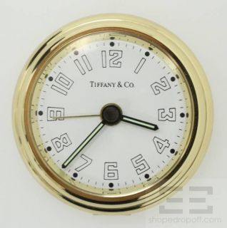 Tiffany Co Golden Brass Round Travel Alarm Clock Leather Case