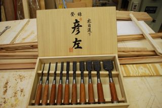   10 Japanese Damascus Bench Chisels in Signed Box by Akio Tasai