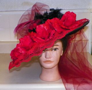 New Edwardian Titanic Tea Wide Brim Ladies Hat 1900s Style Red Black 