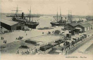Alexandria Egypt 1908 Busy Port Scene Sailing Ships Railroad Vintage 