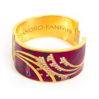 Alessandro Fanfani 18K Yellow Gold Red Enamel Diamond Bangle Bracelet 