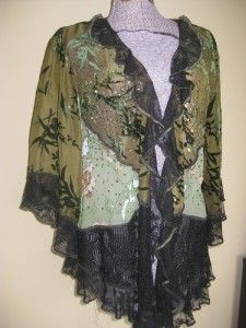 Spencer Alexis Green Black Lace Velvet Sequin Kimono Top Blouse Shrug 