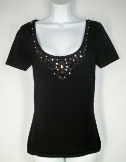 Alberto Makali Black Viscose Nylon Beaded Jeweled Knit Tee Shirt Top M 