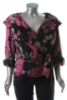 Alex Evenings New Black Floral Print Side Tie Belt Dress Top Blouse 