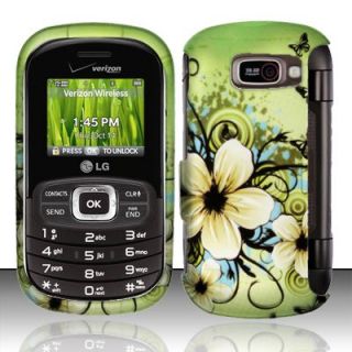 For Verizon LG Octane VN530 Green White Flower Rubberized Hard Case 