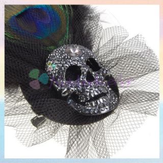   Womens Peacock Feather Skull Brooch Pin Hat Alligator Clip Party Gift