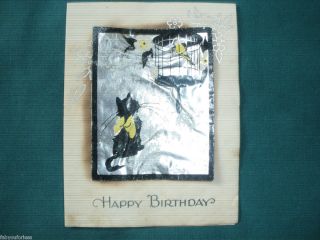 FOIL HAPPY BIRTHDAY CARD CAT WITH BIRD IN CAGE ANTIQUE OLD VINTAGE 