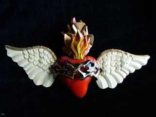 Beautifully Hand Painted Sacred Heart with Wings Mexican Folk Art Home 