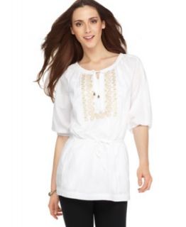 Alfani New White Lined Sequined Embroidered Slash Necktunic Top Blouse 