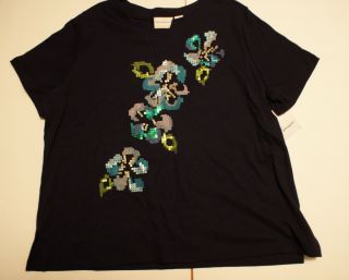 Alfred Dunner shirt Plus size 1X Navy Blue w Sequined Flowers Bright 