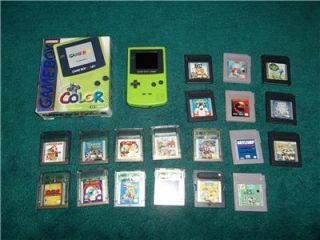  Game Boy Color Kiwi Green Handheld System Console Lot 19 Games 