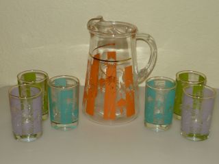 Vtg Mod Retro Atomic Frosted Glass Pitcher Tumblers Drinking Glasses 7 