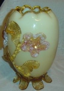   Art Glass Stevens and Williams Cased Vase Applied Flowers Amber Crest