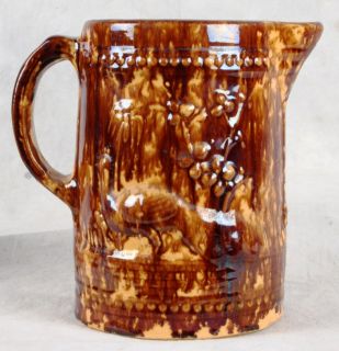 L268P English Mottled Rockingham Glazed Yellow Ware Hound Stag Peacock 