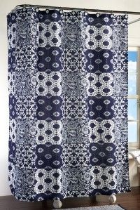 Elegant White and Navy Floral Patchwork Shower Curtain ~NEW~
