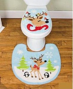  Reindeer Decor Complete Bathroom Rug and Shower Curtain Set New