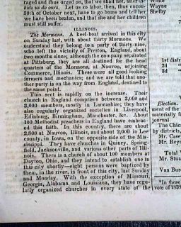   LINCOLN Mention Mormons Joseph Smith Amistad Slave Ship 1840 Newspaper