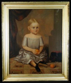 Antique 19C. American Folk Art Young Girl Portrait Painting in Lemon 