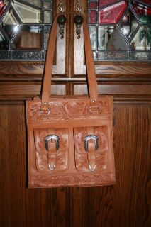 American West Tan Leather Western Purse Hand Tooled Tote with Silver 
