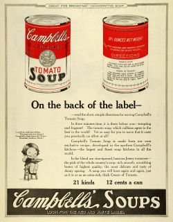 1922 Ad Campbells Can Tomato Soup Souper Kid Red White Label Food 