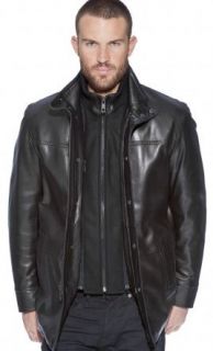 Andrew Marc Mens Legend Black Leather Knit Collar Walking Coat 