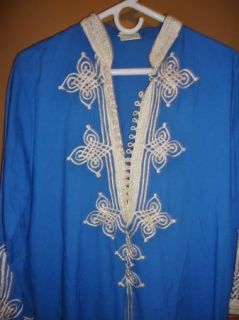 Blue White Ethnic Caftan Tunic Gown 100 Cotton Size Medium Morocco 