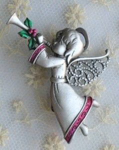 vintage jj pewter enamel cristmas angel brooch pin