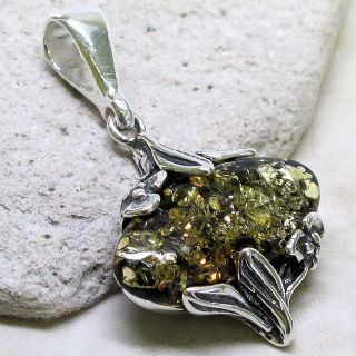 AMAZING GENUINE GREEN BALTIC AMBER 925 STERLING SILVER PENDANT
