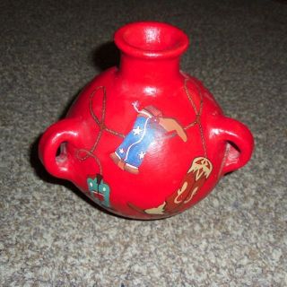 Anasazi Pottery Red Bowl w Cowboy Boot Design 1993