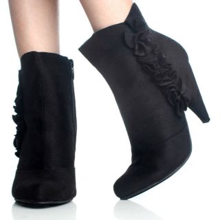 Black Ankle Boots Booties Ruffle Faux Suede Evening Womens High Heels 