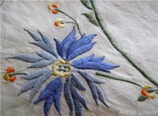 Vintage Irish Linen Tablecloth Stunning Blue Flower Embroidery
