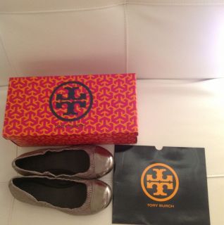 100 Authentic Tory Burch Anne Marie Ballerina Flat Pewter Size 6