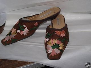 Ann Marino Brown Silk Embroidered Mules Shoes Size 8M