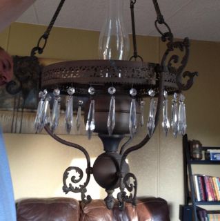 Antique Brass Chandelier Converted from Gas to Electric with Prisms 