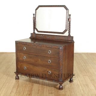 Antique English Dark Oak Baroque 3.5Ft Vanity Chest Dresser w/ Mirror 
