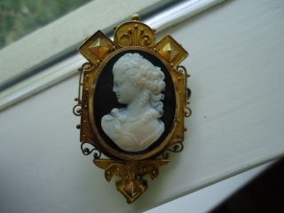 RARE ANTIQUE HARD STONE CAMEO 14K GOLD PIN BROOCH PENDANT MUST SEE