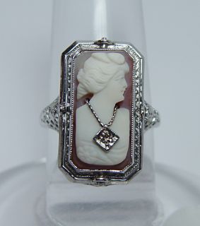 Antique Cameo Onyx Diamond Filigree Flip Style Ring 14k White Gold 