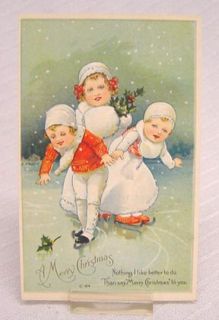 Antique Christmas Postcard Ice Skate Child Pond Play