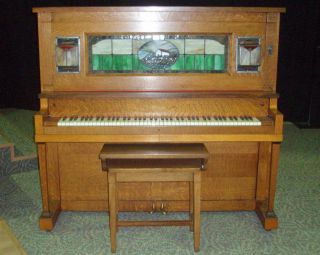 Antique Netzow Player Piano Bench Oak Stained Glass Music Rolls Works 