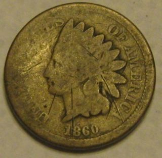 1860 Indian Head Cent Penny About Good to Good Condition