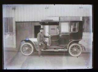 Antique Glass Negative Photograph Man Vintage Car