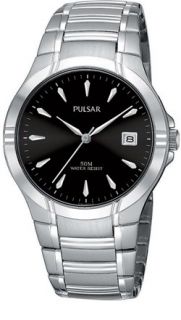 New Mens Pulsar by Seiko Steel PG8099 Black Dial Date 50M Date Watch 