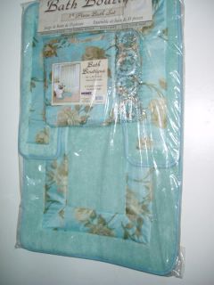   Roses Bath Aqua Teal Blue Fabric Shower Curtain Rug Hooks Set