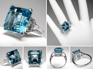 Vintage Aquamarine & Diamond Cocktail Ring Platinum skuwm7983