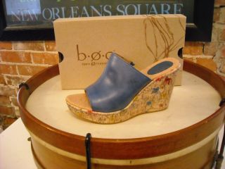 Born Dianna Blue Leather Floral Print Wedge Sandals New