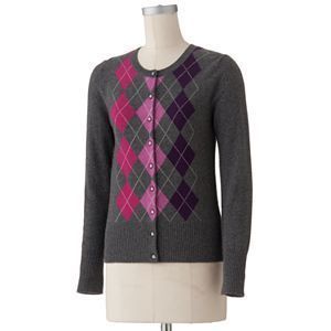 NWT Apt 9 Argyle Gray Pink Purple XL 100% Cashmere Cardigan Sweater $ 