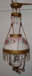 Victorian Hand Painted Antique Parlor Kerosene Oil Hanging Lamp