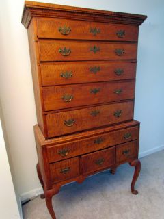Striking Antique Period American Tiger Maple Queen Anne Chest of 